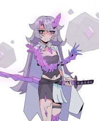 Rule 34 | 1girl, alternate costume, black hair, bread forbidden, chest jewel, crack, cracked skin, grey hair, highres, holding, holding sword, holding weapon, hololive, hololive english, katana, koseki bijou, long hair, looking at viewer, midriff, navel, prosthesis, prosthetic arm, purple eyes, scar, scar across eye, scar on face, simple background, sword, virtual youtuber, weapon, white background