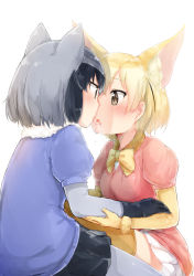 Rule 34 | 10s, 2girls, animal ears, black hair, blonde hair, blush, bow, common raccoon (kemono friends), eye contact, fennec (kemono friends), fox ears, french kiss, gloves, highres, kemono friends, kiss, looking at another, multicolored hair, multiple girls, nosetissue, open mouth, raccoon ears, saliva, short hair, short sleeves, skirt, tongue, tongue out, yuri