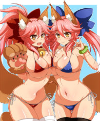 Rule 34 | 2girls, afuro, animal ears, animal hands, bell, bikini, black legwear, blue bikini, blush, breast press, breasts, cat paws, cleavage, closed mouth, collar, collarbone, commentary request, dual persona, fangs, fate/grand order, fate (series), fox ears, fox shadow puppet, fox tail, gloves, groin, hair ribbon, jingle bell, large breasts, long hair, looking at viewer, multiple girls, navel, neck bell, open mouth, paw gloves, paw shoes, pink hair, ponytail, ribbon, shoes, side-tie bikini bottom, swimsuit, symmetrical docking, tail, tamamo (fate), tamamo cat (fate), tamamo no mae (fate/extra), white legwear, yellow eyes