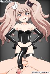 1boy 1girl aged_down ass bear_hair_ornament blonde_hair blue_eyes blush censored collarbone commission danganronpa:_trigger_happy_havoc danganronpa_(series) dildo enoshima_junko fanbox_username femdom flat_chest gloves gradient_background grey_background hair_ornament hands_on_own_hips hetero latex latex_corset latex_gloves latex_legwear latex_thighhigh_boots loli lolidom looking_at_viewer nipples penis sex_toy simple_background spread_legs strap-on teeth testicles tongue twintails upper_teeth_only watermark web_address yiku1707