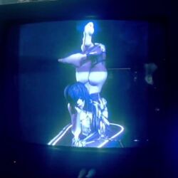 Rule 34 | 1girl, 3d, animated, ass, breasts, completely nude, computer, crt, cyborg, ghost in the shell, glowing, glowing eyes, hanging breasts, kusanagi motoko, large breasts, monitor, nude, pear force one, scanlines, short hair, television, top-down bottom-up, video, wire