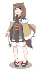 Rule 34 | 1girl, animal ear fluff, animal ears, blush, brown capelet, brown eyes, brown footwear, brown hair, brown hakama, brown kimono, capelet, colored shadow, commentary request, fur-trimmed capelet, fur trim, geta, hakama, hakama short skirt, hakama skirt, highres, japanese clothes, kimono, kuro kosyou, long hair, long sleeves, looking at viewer, obi, open mouth, original, raccoon ears, raccoon girl, raccoon tail, sash, shadow, short eyebrows, sidelocks, simple background, skirt, solo, standing, tail, thick eyebrows, white background, wide sleeves