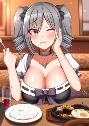 Rule 34 | 1girl, :3, absurdres, black bow, black choker, black dress, blush, booth seating, bow, breast rest, breasts, breasts on table, choker, cleavage, commentary request, cross, cross choker, cup, dress, drill hair, drinking glass, eating, elbows on table, food, food on face, fork, grey hair, hair bow, highres, holding, holding fork, idolmaster, idolmaster cinderella girls, kanzaki ranko, large breasts, looking at viewer, mabanna, meal, one eye closed, pov across table, pov dating, purple eyes, restaurant, saizeriya, short hair, short sleeves, short twintails, signature, solo, twin drills, twintails