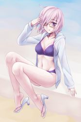 Rule 34 | 1girl, absurdres, alternate costume, bad id, bad pixiv id, bikini, breasts, fate/grand order, fate (series), glasses, hair over one eye, highres, hotate, jacket, mash kyrielight, navel, pink hair, purple eyes, shoes, short hair, sitting, solo, swimsuit, toeless footwear