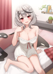 Rule 34 | 1girl, absurdres, barefoot, bed, black hair, black mask, black thighhighs, blush, breasts, camisole, cleavage, commentary request, fang, feet, foot out of frame, grey hair, hair ornament, highres, hololive, large breasts, legs, looking at viewer, mask, unworn mask, medium hair, multicolored hair, open mouth, pillow, pleated skirt, red eyes, red skirt, ribbon, sakamata chloe, skirt, unworn skirt, streaked hair, stuffed animal, stuffed toy, thighhighs, unworn thighhighs, toes, virtual youtuber, white camisole, x hair ornament, yukiunag1