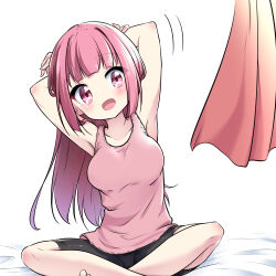 Rule 34 | 1girl, armpits, arms behind head, arms up, barefoot, bike shorts, black shorts, blush, breasts, commentary request, feet out of frame, hazumi otoya, highres, long hair, medium breasts, open mouth, original, pink tank top, purple eyes, purple hair, shorts, sitting, smile, solo, tank top