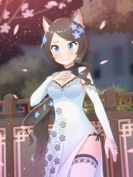 Rule 34 | 1girl, absurdres, aina (mao lian), animal ear fluff, animal ears, black panties, blue eyes, blue flower, blurry, blurry background, blurry foreground, blush, branch, breasts, bridal gauntlets, brown hair, cat ears, cat tail, cleavage, closed mouth, depth of field, dress, earrings, elbow gloves, floral print, flower, gloves, hair flower, hair ornament, hand on own chest, hand up, highres, jewelry, long dress, long hair, looking at viewer, mao lian (nekokao), medium breasts, night, night sky, original, panties, panty straps, petals, side-tie panties, side slit, sky, smile, solo, standing, tail, thighhighs, underwear, very long hair, white dress, white gloves, white thighhighs