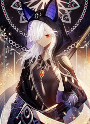 Rule 34 | 1boy, animal ears, animal hood, bare shoulders, black footwear, black gloves, closed mouth, clothing cutout, commentary request, cyno (genshin impact), fake animal ears, genshin impact, gloves, hair over one eye, hand on own hip, hieroglyphics, highres, hood, hood up, juexing (moemoe3345), long hair, long sleeves, looking at viewer, male focus, puffy long sleeves, puffy sleeves, red eyes, shoulder cutout, solo, white hair