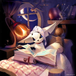Rule 34 | anry, artist name, bed, bed sheet, blue eyes, book, bookmark, bookshelf, closed mouth, collar, commentary, crescent moon, curtains, english commentary, english text, fennec fox, indoors, lamp, large ears, model airplane, moon, needle, night, no humans, on bench, open book, original, pencil, reading, red collar, sewing needle, sewing pin, sleepwear, snow (anry nemo), wallpaper (object), watermark, web address, white fur, white headwear, white tail, window