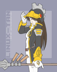 Rule 34 | 1girl, arm up, artist name, brown hair, character name, cowboy shot, from side, gloves, hair over one eye, helmet, holding, holding weapon, jacket, juzo-kun, kde, linux, linux-tan, long hair, long sleeves, looking at viewer, looking to the side, open clothes, open jacket, os-tan, pants, red eyes, solo, weapon, white gloves, white pants