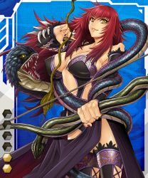 Rule 34 | 00s, 1girl, algol (taimanin asagi), arrow (projectile), asagiri, bow (weapon), breasts, card (blue-r), card (medium), card (r), cleavage, fangs, large breasts, lilith-soft, long hair, monster, red hair, slit pupils, snake, taimanin (series), taimanin asagi, taimanin asagi battle arena all card gallery, taimanin asagi kessen arena, weapon, yellow eyes