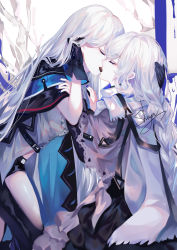 Rule 34 | 2girls, absurdres, arknights, black gloves, black pants, chocolate, commentary, closed eyes, food in mouth, gloves, highres, long hair, multiple girls, no headwear, no headwear, official alternate costume, pants, sheya, silver hair, skadi (arknights), specter (arknights), specter (undercurrent) (arknights), symbol-only commentary, thighs, very long hair, yuri