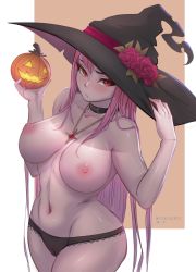 Rule 34 | 1girl, absurdres, black panties, blush, breasts, cameltoe, choker, cleft of venus, hat, highres, hololive, hololive english, jack-o&#039;-lantern, jewelry, large breasts, long hair, looking at viewer, mori calliope, myth1carts, navel, necklace, nipples, panties, pink hair, red eyes, solo, sweatdrop, topless, twitter logo, underwear, underwear only, virtual youtuber, witch hat