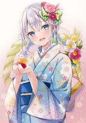 Rule 34 | 1girl, :d, blue eyes, blue kimono, bow, braid, commentary request, floral print, flower, frills, gradient background, green bow, grey hair, hair between eyes, hair bow, hair flower, hair ornament, hands up, highres, holding, japanese clothes, kimono, long hair, long sleeves, looking at viewer, low twintails, nail polish, obi, open mouth, original, pink background, pink nails, print kimono, purple flower, sakura hiyori, sash, signature, smile, solo, twin braids, twintails, twitter username, unmoving pattern, white background, white flower, wide sleeves, yagasuri