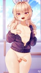 Rule 34 | 1boy, absurdres, alternate costume, androgynous, arena of valor, artist name, bare shoulders, blonde hair, blush, clothes, flaccid, highres, iggy (arena of valor), long sleeves, male focus, mizumizzumiz, nail polish, navel, nipples, no panties, official alternate costume, open clothes, open mouth, open shirt, penis, purple nails, rabbit ears, red eyes, small penis, solo, testicles, thighs, trap, uncensored
