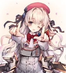 Rule 34 | 1girl, ;d, absurdres, arcaea, beret, black ribbon, blush, bow, brown background, brown eyes, commentary, dress, english text, gradient background, grey dress, grey jacket, hair between eyes, hair intakes, hair ribbon, hat, highres, hikari (arcaea), hikari (fracture) (arcaea), jacket, long hair, long sleeves, looking at viewer, one eye closed, open mouth, outstretched arms, petals, red bow, red hat, ribbon, silver hair, smile, solo, tandohark, upper body, very long hair
