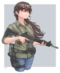 Rule 34 | 1girl, absurdres, ammunition pouch, ar-15, artist name, assault rifle, belt, black eyes, black hair, blue pants, closed mouth, collared shirt, commentary request, cowboy shot, cropped legs, denim, frown, green shirt, grey background, gun, handgun, highres, holding, holding gun, holding weapon, holstered, jeans, kzm (sub-moa works), long hair, long sleeves, looking at viewer, original, pants, partial commentary, pouch, rifle, safety glasses, shirt, sleeves rolled up, solo, standing, utility belt, weapon, wind