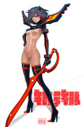 Rule 34 | 10s, 1girl, adapted costume, blue eyes, boots, breasts, high heel boots, high heels, highres, khantian, kill la kill, matoi ryuuko, multicolored hair, nipples, pussy, short hair, simple background, solo, thigh boots, thighhighs, uncensored