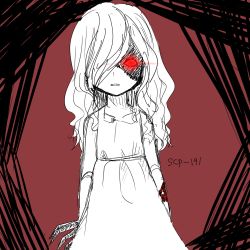 Rule 34 | 1girl, bad id, bad pixiv id, character name, cyborg, dress, glowing, glowing eye, long hair, neon (kyjin), parted lips, red eyes, red theme, scp-191, scp foundation, solo