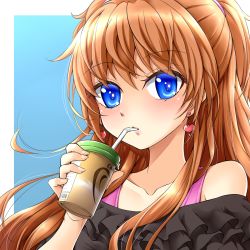 Rule 34 | 1girl, black shirt, blue background, blue eyes, brown hair, collarbone, drinking, drinking straw, drinking straw in mouth, earrings, floating hair, frilled shirt, frills, hair between eyes, hair ribbon, heart, heart earrings, highres, houjou hibiki, jewelry, kanichiri, long hair, looking at viewer, off-shoulder shirt, off shoulder, pink ribbon, portrait, precure, ribbon, shirt, solo, suite precure, two side up, very long hair, white background