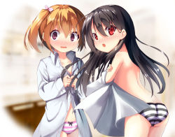 Rule 34 | 2girls, ass, black hair, blush, brown hair, butt crack, covering breasts, covering privates, highres, kei (pixiv2548624), long hair, looking back, multiple girls, navel, no pants, one side up, open mouth, original, panties, purple eyes, red eyes, shirt, short hair, side ponytail, striped clothes, striped panties, topless, unbuttoned, underwear, undressing, unworn shirt