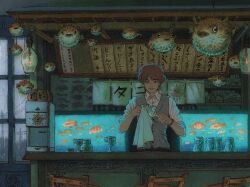 Rule 34 | 1boy, bar (place), bracelet, brown hair, chair, cleaning, collared shirt, commentary request, counter, cup, dress shirt, fish, fish tank, grey vest, half-closed eyes, hands up, hanging light, highres, holding, holding cup, indoors, jewelry, male focus, noren, octopus print, original, puffer fish, rag, rain, restaurant, shirt, short hair, sleeves rolled up, solo, vest, vinsenta, white shirt, window