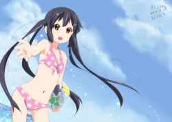 Rule 34 | 1girl, 2011, ball, bare shoulders, beachball, bikini, black hair, brown eyes, dated, day, errant, foreshortening, k-on!, long hair, nakano azusa, navel, open mouth, outstretched arm, pink bikini, polka dot, polka dot bikini, polka dot swimsuit, sidelocks, sky, smile, solo, swimsuit, twintails, wading