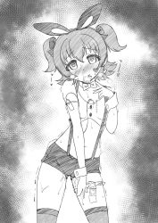 Rule 34 | 1girl, akagi miria, animal ears, bare shoulders, blush, bow, bowtie, bunny girl, cameltoe, closed mouth, collarbone, commentary request, cowboy shot, crosshatching, crotch seam, fake animal ears, fake tail, female focus, furrowed brow, greyscale, hair between eyes, hairband, hand up, hatching (texture), head tilt, highres, idolmaster, idolmaster cinderella girls, looking at viewer, midriff, monochrome, navel, nekono matatabi, nose blush, pussy juice, rabbit ears, rabbit tail, remote control vibrator, sex toy, short hair, short shorts, shorts, sketch, smile, solo, standing, stomach, suspender shorts, suspenders, sweat, tail, taut clothes, taut shorts, thighhighs, two side up, vibrator, wrist cuffs