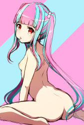 Rule 34 | 10s, 1girl, aqua background, aqua hair, ass, back, bang dream!, blunt bangs, breasts, candy, food, getsuyou yasumi, hair bobbles, hair ornament, highres, lollipop, looking at viewer, looking back, mouth hold, multicolored hair, nipples, nude, nyubara reona, pink background, pink hair, red eyes, sidelocks, sitting, sketch, small breasts, solo, two-tone background, two-tone hair, waria