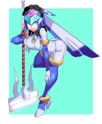 Rule 34 | 1girl, android, aqua bikini, bikini, blue eyes, blue hair, bodystocking, bodysuit, boots, breasts, cleavage, gloves, helmet, holding, fairy leviathan (mega man), long hair, looking at viewer, mega man (series), mega man zero (series), open mouth, protected link, smile, solo, swimsuit, thigh boots, thighhighs, ukimukai, weapon