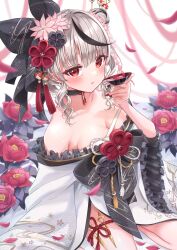 Rule 34 | 1girl, absurdres, bare shoulders, black hair, blush, breasts, cleavage, cup, ear piercing, flower, flower knot, grey hair, hair ornament, highres, holding, holding cup, hololive, japanese clothes, kimono, looking at viewer, medium breasts, medium hair, multicolored hair, new year, null maru, off shoulder, official alternate costume, piercing, red eyes, sakamata chloe, sakamata chloe (new year), solo, streaked hair, virtual youtuber