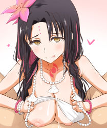 Rule 34 | 1boy, 1girl, bare shoulders, bikini, black hair, blush, bracelet, braid, breasts, breasts squeezed together, censored, chest tattoo, collarbone, cum, cum on body, cum on breasts, cum on upper body, donutman, facial mark, fate/grand order, fate (series), flower, forehead mark, hair flower, hair ornament, hetero, highres, jewelry, large breasts, long hair, looking at viewer, mosaic censoring, multicolored hair, necklace, nipples, paizuri, pearl bracelet, pearl necklace, penis, pink hair, sessyoin kiara, sessyoin kiara (swimsuit mooncancer), smile, streaked hair, swimsuit, tattoo, tongue, tongue out, twin braids, wavy hair, white bikini, yellow eyes