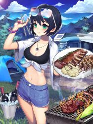 Rule 34 | 1girl, :t, black hair, blouse, blue skirt, bob cut, bracelet, breasts, bucket, camping, chopsticks, cleavage, closed mouth, cloud, collarbone, collared shirt, cooking, corn, cowboy shot, cup, day, drinking glass, eating, eyewear on head, food, green eyes, grill, grilling, highres, ice, ice cube, jewelry, kyundoo, legs together, looking at viewer, meat, medium breasts, midriff, mountain, nail polish, navel, necklace, onion, original, outdoors, pink nails, plate, ribs (food), sausage, shirt, short hair, skirt, sky, sleeves rolled up, smoke, solo, sports bra, standing, steak, tree, white shirt, wine glass, yakitori