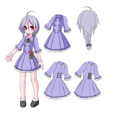 Rule 34 | 100 percent orange juice, 1girl, ahoge, black bow, black footwear, blush, bow, braid, character sheet, closed mouth, commentary request, dress, flower, fur trim, grey hair, hair between eyes, hair bow, hono, long hair, long sleeves, multiple views, official art, pleated dress, purple dress, red eyes, red flower, red rose, rose, shoes, simple background, single braid, smile, standing, suguri, suguri (orange juice), white background