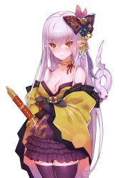 Rule 34 | 1girl, bare shoulders, blush, breasts, cleavage, closed mouth, crossed arms, hair ornament, japanese clothes, katana, kimono, long hair, official art, purple hair, red eyes, ribbon, saitou dousan (sengoku bushouki muramasa), sengoku bushouki muramasa, snake, solo, standing, sword, tachi-e, thighhighs, transparent background, weapon