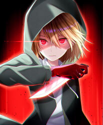 Rule 34 | 1other, :|, alternate universe, arm at side, black background, bob cut, brown hair, chara (undertale), closed mouth, commentary, constricted pupils, drawstring, english commentary, expressionless, eye trail, gloves, glowing, glowing eyes, glowing weapon, gradient background, green hoodie, hair between eyes, highres, holding, holding knife, holding weapon, hood, hood up, hoodie, knife, light trail, long sleeves, looking at viewer, open clothes, open hoodie, red background, red eyes, red gloves, reverse grip, shaded face, shirt, short hair, solo, storyshift, straight-on, undertale, undertale au, upper body, weapon, white shirt, wind, yuupontan.