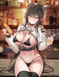 Rule 34 | 1girl, absurdres, alcohol, animal ear fluff, animal ears, atago (azur lane), atago (stunning speedster) (azur lane), azur lane, bar (place), bikini, black bikini, black choker, black hair, black thighhighs, blurry, blurry background, bottle, breasts, choker, cleavage, cup, dog ears, dolechan, drawstring, drinking glass, grin, hair between eyes, highres, holding, holding bottle, holding cup, ice, ice cube, jack daniel&#039;s, large breasts, long hair, looking at viewer, mole, mole under eye, navel, official alternate costume, shrug (clothing), sidelocks, sitting, skindentation, smile, solo, stomach, swimsuit, thigh gap, thighhighs, very long hair, whiskey, yellow eyes