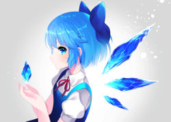 Rule 34 | 1girl, arms up, blue dress, blue eyes, blue hair, bow, cirno, commentary, dress, expressionless, from side, gradient background, grey background, hair bow, highres, ice, looking at viewer, pinafore dress, puffy short sleeves, puffy sleeves, red neckwear, red ribbon, ribbon, shirt, short hair, short sleeves, sideways glance, sleeveless dress, solo, standing, touhou, upper body, white shirt, wings, yuujin (mhhnp306), yuujin (yuzinn333)