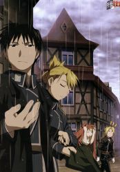 Rule 34 | 00s, 2boys, 2girls, ^^^, ^ ^, arms at sides, black hair, blonde hair, borrowed clothes, braid, closed eyes, closed umbrella, earrings, edward elric, folded ponytail, frown, fullmetal alchemist, gloves, half-closed eyes, highres, holding, holding umbrella, jewelry, military, military uniform, multiple boys, multiple girls, official art, outdoors, rain, riza hawkeye, roy mustang, scan, single braid, stud earrings, umbrella, uniform, winry rockbell