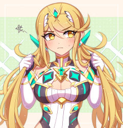 Rule 34 | alternate hairstyle, bare shoulders, blonde hair, breasts, chest jewel, cleavage, cleavage cutout, clothing cutout, dress, earrings, elbow gloves, enni, gloves, jewelry, large breasts, long hair, mythra (xenoblade), short dress, solo, swept bangs, tiara, twintails, very long hair, white dress, white gloves, xenoblade chronicles (series), xenoblade chronicles 2, yellow eyes