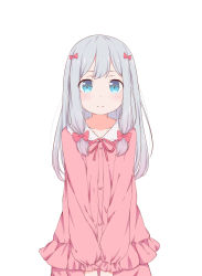Rule 34 | 10s, 1girl, absurdres, aka aka, bad id, bad pixiv id, blue eyes, blush, bow, closed mouth, eromanga sensei, grey hair, hair bow, highres, izumi sagiri, light frown, long hair, looking at viewer, official style, pajamas, pink bow, simple background, solo, upper body, white background