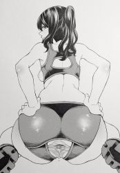 Rule 34 | 1girl, anal secretion, anus, anus only, ass, ass cutout, back, bad id, bad twitter id, blush, breasts, breasts out, clothing cutout, from behind, gaping, greyscale, hands on own hips, looking at viewer, looking back, medium breasts, monochrome, nakajima ryou, nipples, original, profile, solo, spread anus, tank top, twintails