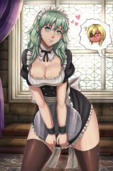 Rule 34 | 1boy, 1girl, absurdres, alternate costume, apron, blonde hair, blue eyes, blush, breasts, byleth (female) (fire emblem), byleth (fire emblem), chibi, chibi inset, cleavage, dimitri alexandre blaiddyd, enmaided, evomanaphy, eyepatch, fire emblem, fire emblem: three houses, green hair, hair between eyes, heart, highres, holding, holding tray, large breasts, looking at viewer, maid, maid headdress, nintendo, puffy short sleeves, puffy sleeves, ribbon, short sleeves, speech bubble, thighhighs, tray, waist apron, window, wrist cuffs