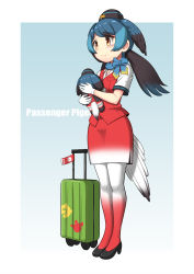 Rule 34 | 1girl, bird tail, black hair, blue background, blue footwear, blue hair, character doll, character name, commentary request, dl2go, hugging doll, flight attendant, full body, gloves, gradient background, gradient legwear, gradient skirt, hat, head wings, high heels, highres, japari symbol, kemono friends, long hair, looking away, low twintails, multicolored clothes, multicolored hair, multicolored legwear, hugging object, pantyhose, passenger pigeon (kemono friends), pencil skirt, red pantyhose, red skirt, red vest, rolling suitcase, shirt, shoes, short sleeves, simple background, skirt, smile, solo, stuffed toy, suitcase, tail, tears, travel attendant, twintails, vest, white gloves, white pantyhose, white shirt, white skirt, wings, yellow eyes