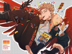 Rule 34 | 1boy, blonde hair, boku no hero academia, boots, cake, cake slice, candy, cellphone, character doll, character name, character print, chips (food), confetti, earrings, english text, facial hair, feathered wings, feathers, food, fruit, fur-trimmed jacket, fur trim, gloves, happy birthday, hawks (boku no hero academia), jacket, jewelry, lollipop, looking at viewer, male focus, patterned background, phone, potato chips, red feathers, scar, scar on neck, solo, strawberry, stud earrings, translated, v, viol vrt, wings, yakitori