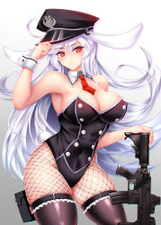 Rule 34 | 1girl, absurdres, animal ears, assault rifle, bare arms, bare shoulders, between breasts, black leotard, black pantyhose, breasts, cleavage, commentary request, cowboy shot, detached collar, fishnet thighhighs, fishnets, floating hair, gradient background, grey background, gun, h&amp;k hk416, hand up, highres, lace, lace-trimmed legwear, lace trim, large breasts, leotard, long hair, looking at viewer, necktie, necktie between breasts, pantyhose, playboy bunny, rabbit ears, red eyes, red necktie, reisen udongein inaba, rifle, solo, standing, thighhighs, touhou, very long hair, warugaki (sk-ii), weapon, weapon request, white background, white hair, wrist cuffs