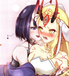 Rule 34 | 2girls, arm tattoo, bare shoulders, black hair, blonde hair, blush, bob cut, fate/grand order, fate (series), half-closed eyes, highres, horns, ibaraki douji (fate), looking at another, mach iota, multiple girls, neck tattoo, open mouth, pink background, pixiv fate/grand order contest 2, shuten douji (fate), skin-covered horns, sweat, tattoo, thick eyebrows, yellow eyes, yuri