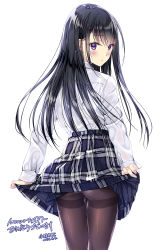 Rule 34 | 1girl, ass, bad id, bad nicoseiga id, black hair, black pantyhose, blush, clothes lift, commentary request, from behind, hair ornament, hairclip, highres, kobayashi chisato, lifting own clothes, long hair, long sleeves, looking at viewer, looking back, original, panties, panties under pantyhose, panty peek, pantyhose, plaid, plaid skirt, pleated skirt, purple eyes, school uniform, shirt, skirt, skirt lift, solo, standing, thighband pantyhose, underwear, white panties, white shirt