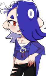 Rule 34 | 1girl, blue hair, breast press, breasts, breasts squeezed together, capelet, chest sarashi, collarbone, cowboy shot, ear piercing, facing viewer, groin, hair over one eye, hand on own hip, highres, looking at viewer, navel, nintendo, octoling player character, open mouth, pants, piercing, red eyes, sarashi, shiver (splatoon), small breasts, smile, solo, splatoon (series), splatoon 3, split, tentacle hair, torn clothes, torn pants, usa (dai9c carnival), white background
