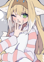 Rule 34 | 1girl, absurdres, animal ears, arknights, blonde hair, colored tips, commentary request, covering own mouth, fox ears, fox girl, green eyes, grey background, highres, holding, holding pillow, long hair, looking at viewer, multicolored hair, one eye closed, open mouth, pajamas, pillow, saizukiconoha, simple background, sleep mask, solo, squeans, suzuran (arknights), two-tone hair, white hair, yawning